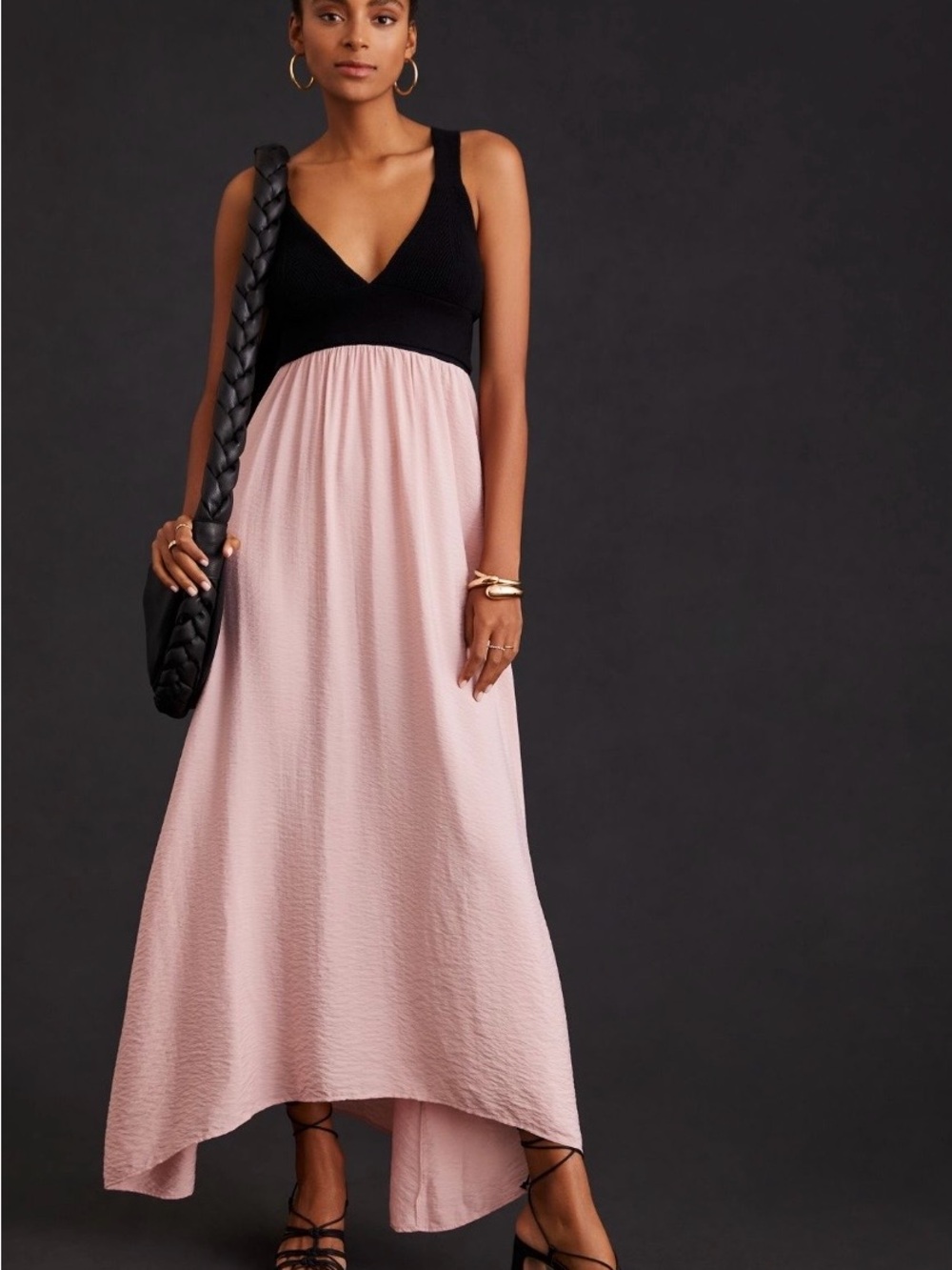 Anthropologie Knit Twofer Maxi Dress in Black & Blush, V-Neck Cross-Back Bodice